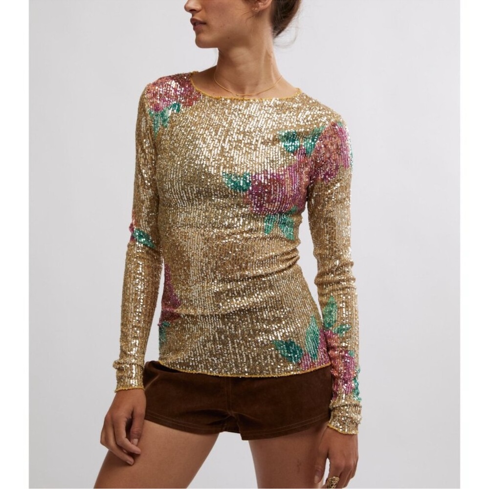 NWT FREE PEOPLE Printed Gold Rush Long Sleeve / Champagne Combo Size Small